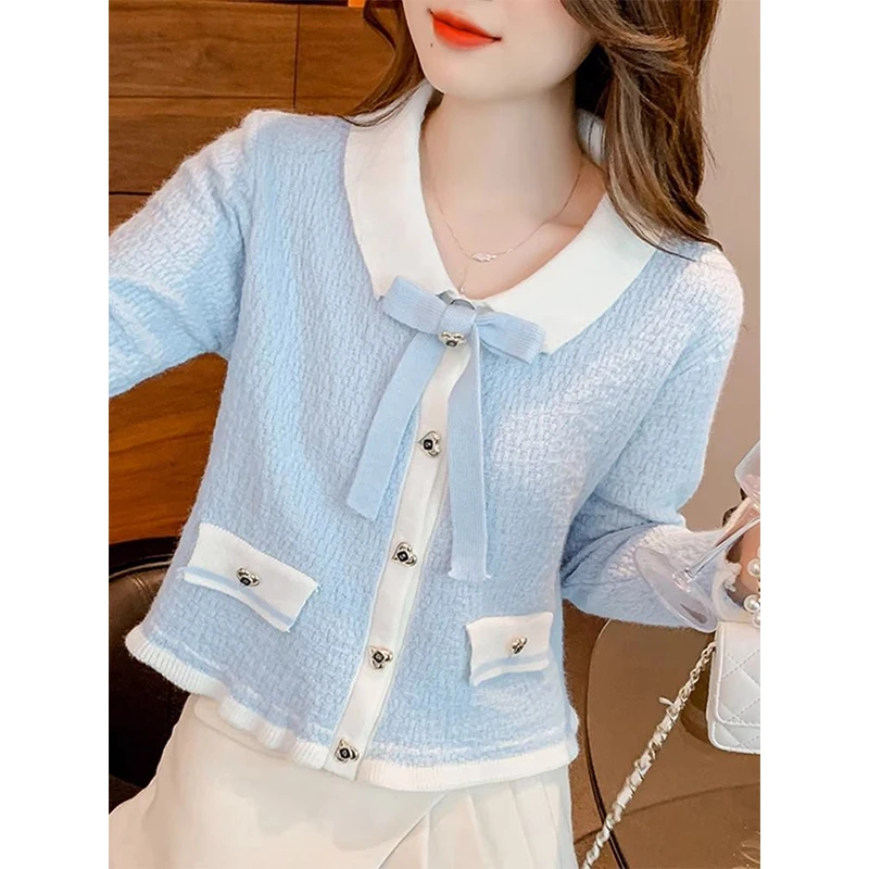 Fashion Bow Solid Color Sweater Women Autumn Simplicity Ruffles Long Sleeve Knitwear Tops Casual All-match Knitting Cardigan