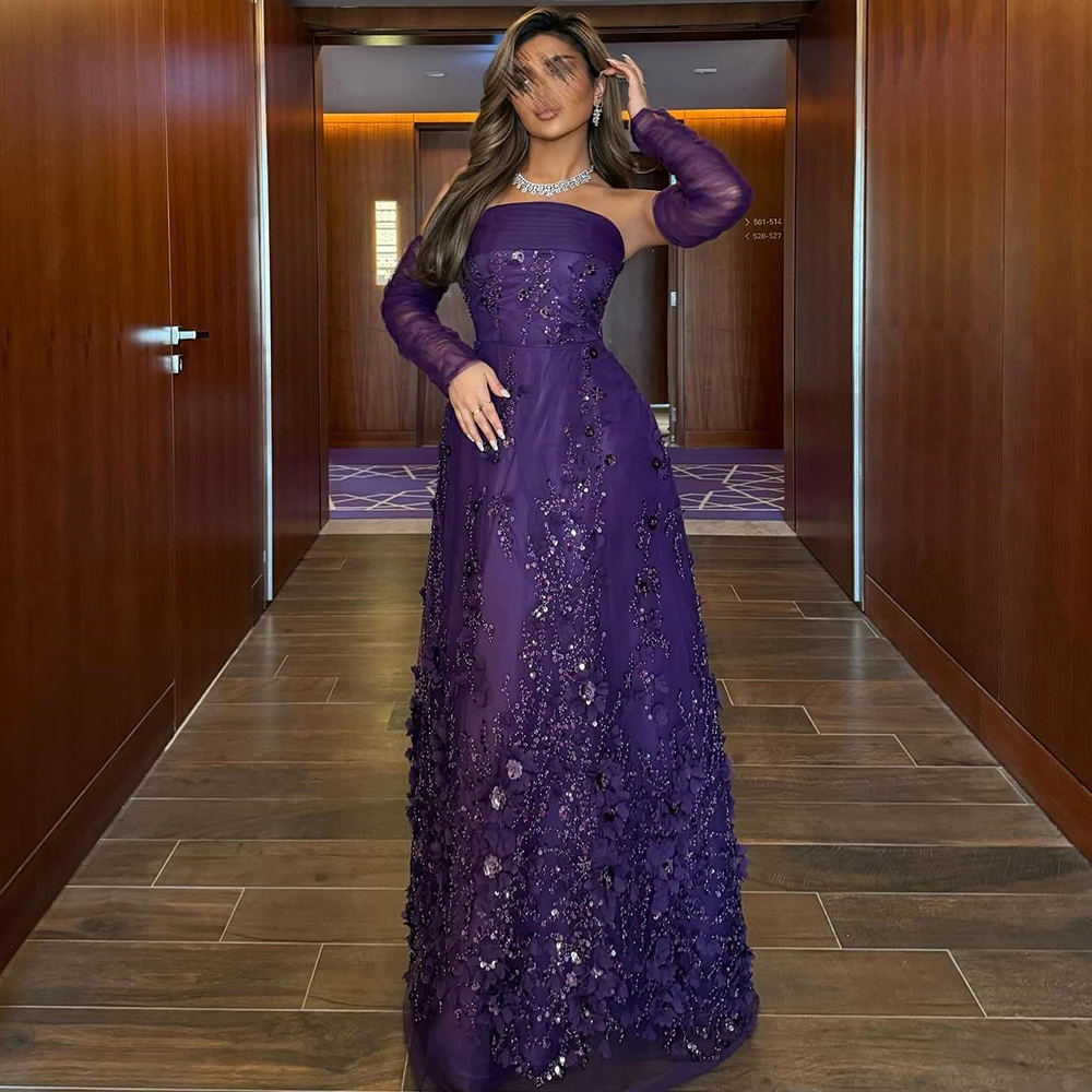 Saudi-Arabien Kleider für besondere Anlässe, Spitze, A-Linie, Promi-Kleid, lila, trägerlos, Perlenapplikation, Ballkleider 2025, lang