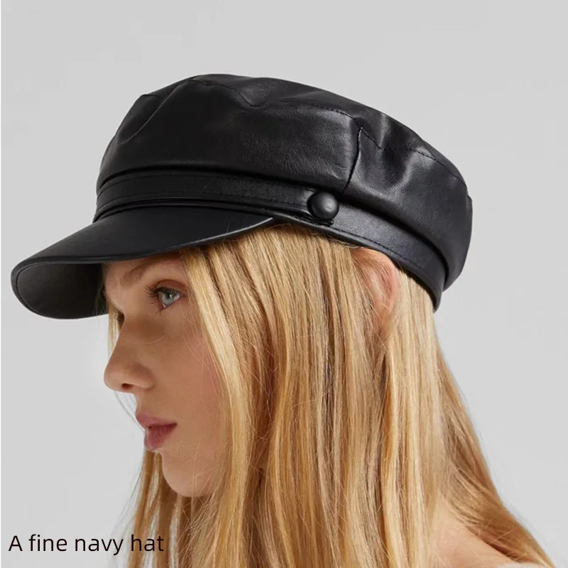 Classic Navy Style Eight-Panel Newsboy Cap, Ideal for Artists and Bar-Goers Stylish PU Leather Newsboy Cap for Women