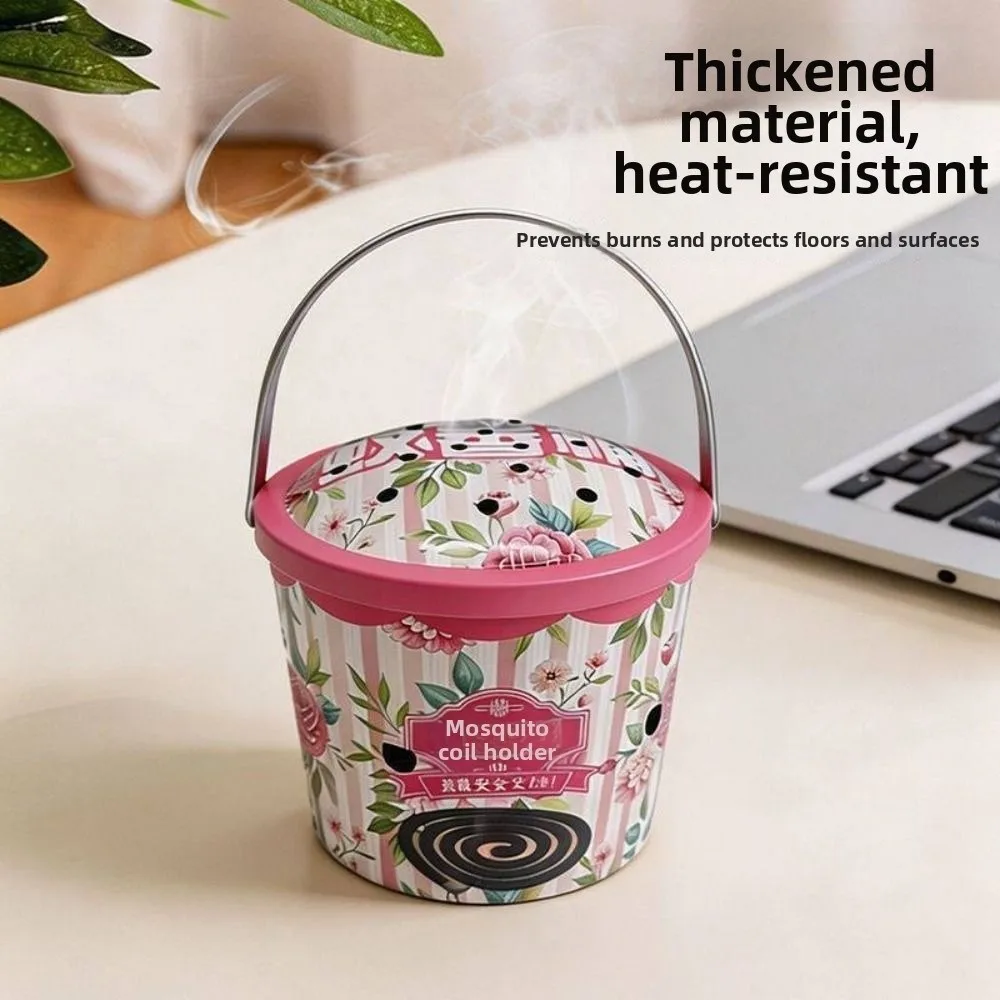 Simple Metal Mosquito Coil Holder Fireproof with Lid Mosquito Coil Bucket Anti Scald Mosquito Coil Container Garden Patio