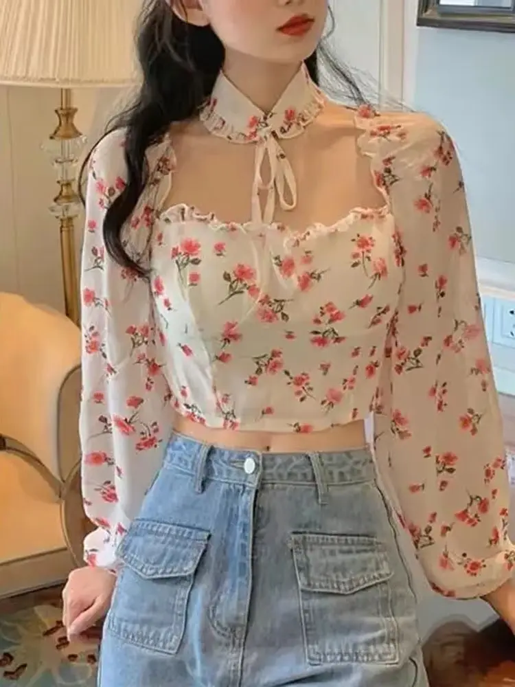 

Белый сексуальный топ с открытыми плечами, модная блузка с цветочным принтом, женская одежда Yk2, вечерняя одежда, женская футболка с длинным рукавом, рубашка на молнии сзади