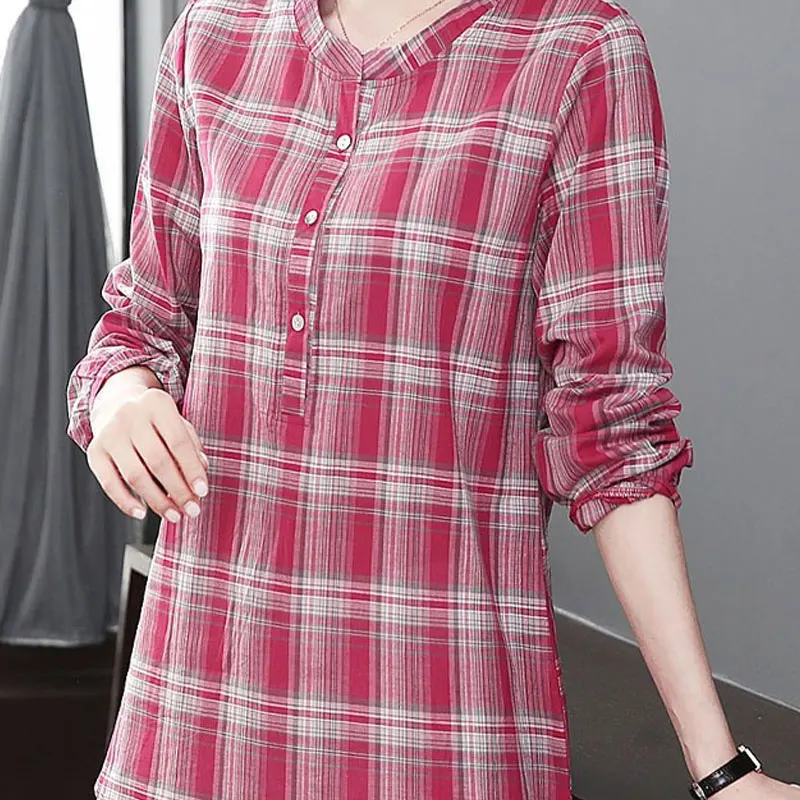 2023 Casual Plaid Printed Round Neck Midi Shirt Spring Autumn Button Female Clothing Long Sleeve All-match Loose Commute Blouse