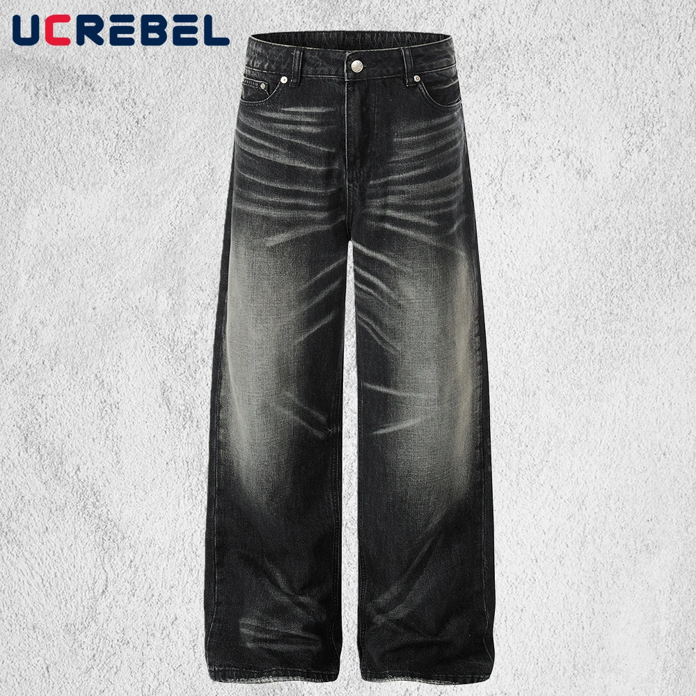 

Retro Straight Jeans Mens Pocket Washed Distressed High Street Baggy Wide Leg Ripped Denim Pants Man