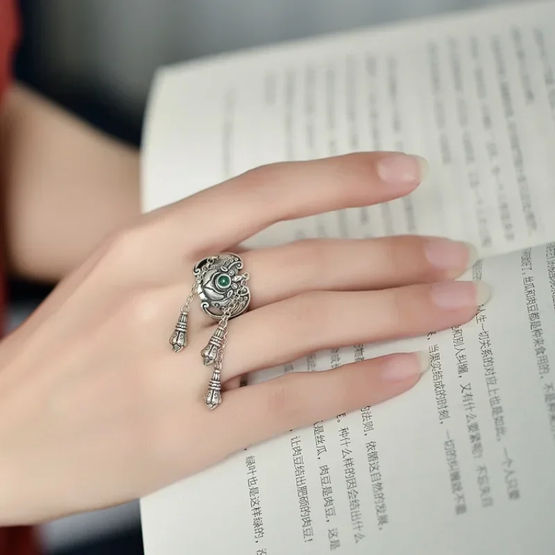 Vintage Ethnic Style Inlaid Imitation Jadeite Adjustable Rings for Women 2023 New Creative Party Vacation Jewelry Girl Gift
