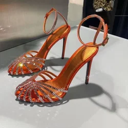 Orange New Hollow Round Toe Crystal Sandals Buckle Shoes for Women High Heels Stilettos Wedding Shoes on Heel Zapatillas Mujer