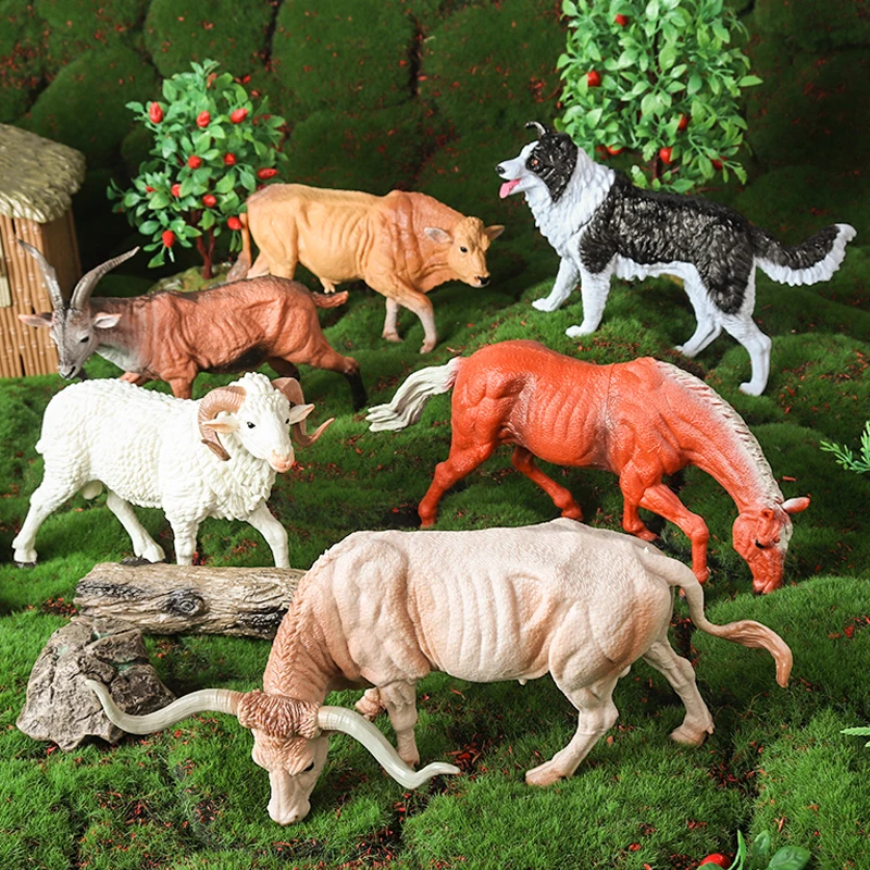 Oenux granja Animal caballo vaca cerdo oveja cabra frontera Collie ganado burro modelo figuras de acción educativo lindo niños juguete para regalo