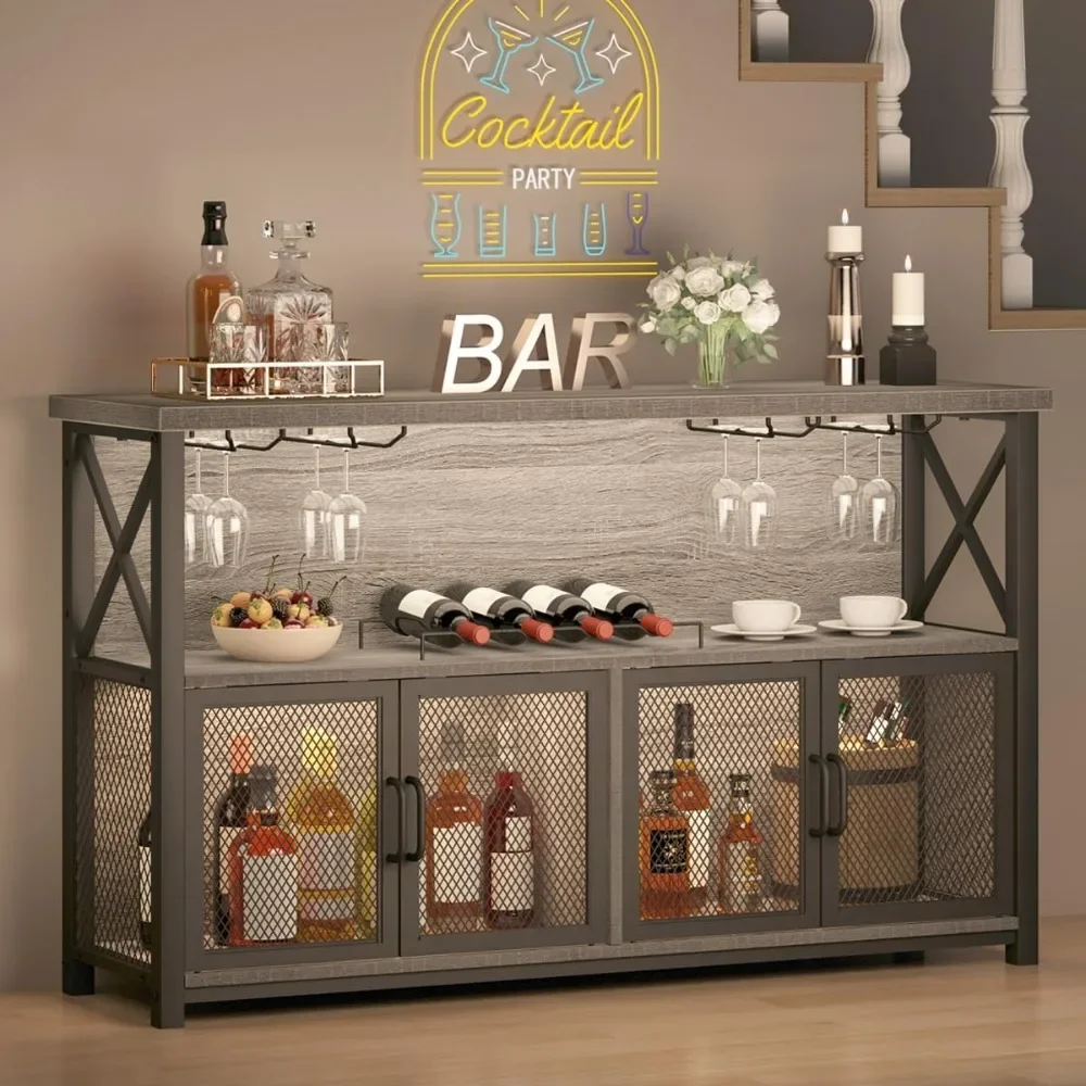 

Coffee Bar Cabinet, Industrial Farmhouse Modern Sideboard Buffet Cabinet for liquor and glasses