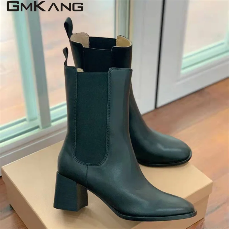Classic Square Heels Short Boots Woman Genuine Leather Round Toe Mid Calf Boots Lady High Heels Runway Shoes Women Botas