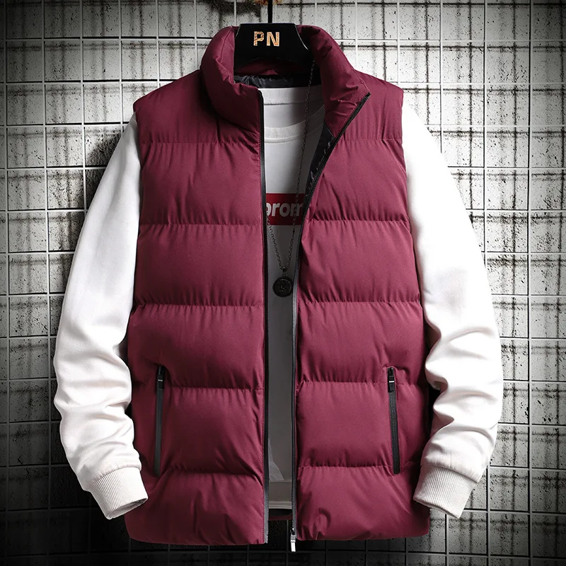 

Autumn Winter Men Clothing Vest Thick Warm Sleeveless Jacket Stand Collar Zipper Pockets Waistcoat Slim Tops Brands Black Red