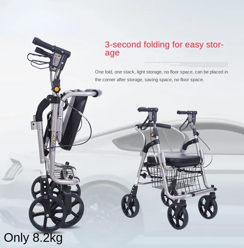 عربة تسوق لكبار السن، عربة خضروات مدفوعة يدويًا، مركبة مشي بمساعدة أربع عجلات، عصا مشي خفيفة الوزن قابلة للطي