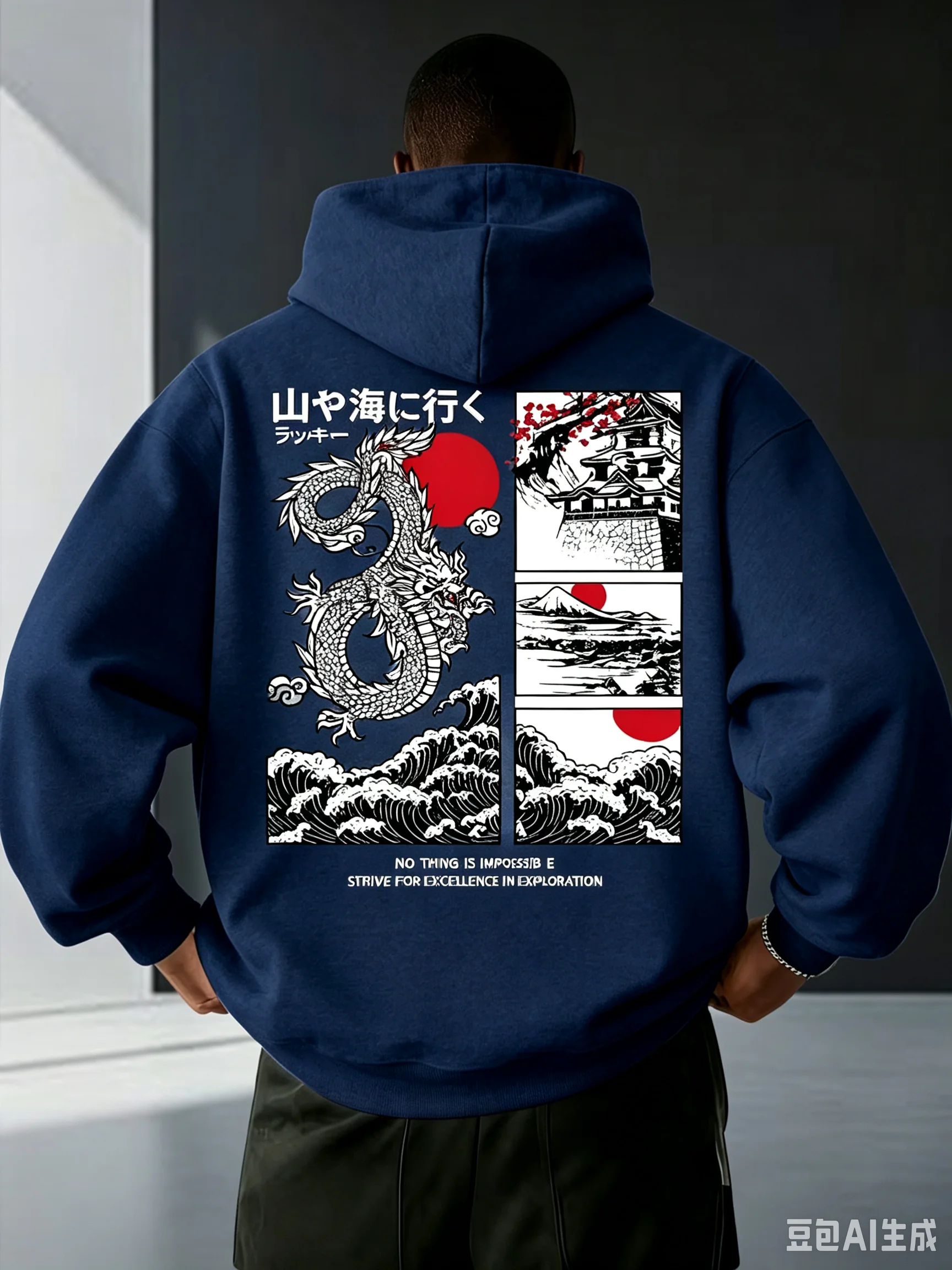Men's Japanese-style Wave, Mount Fuji, Dragon Print Winter Autumn Hooded Pullover Hoodie, Loose Casual Long-sleeved Top Shirt
