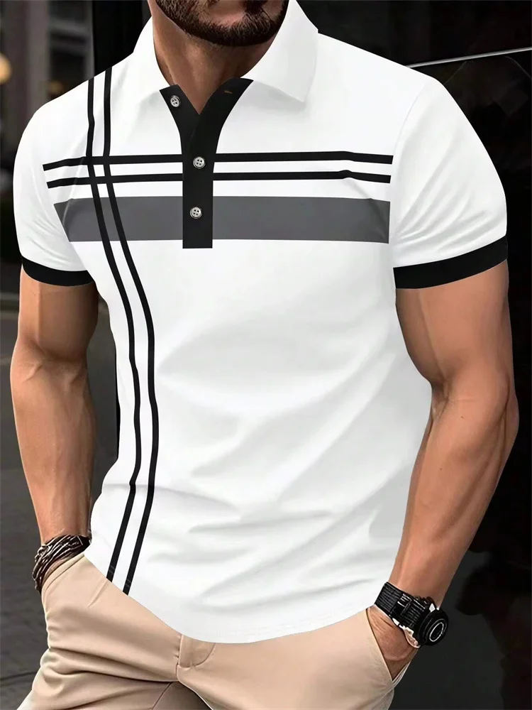 Fashion Stripe Print Polo T Shirt For Men Casual Lapel Loose Short Sleeve Tops Business Golf Clothing Comfortable Trend T-shirt