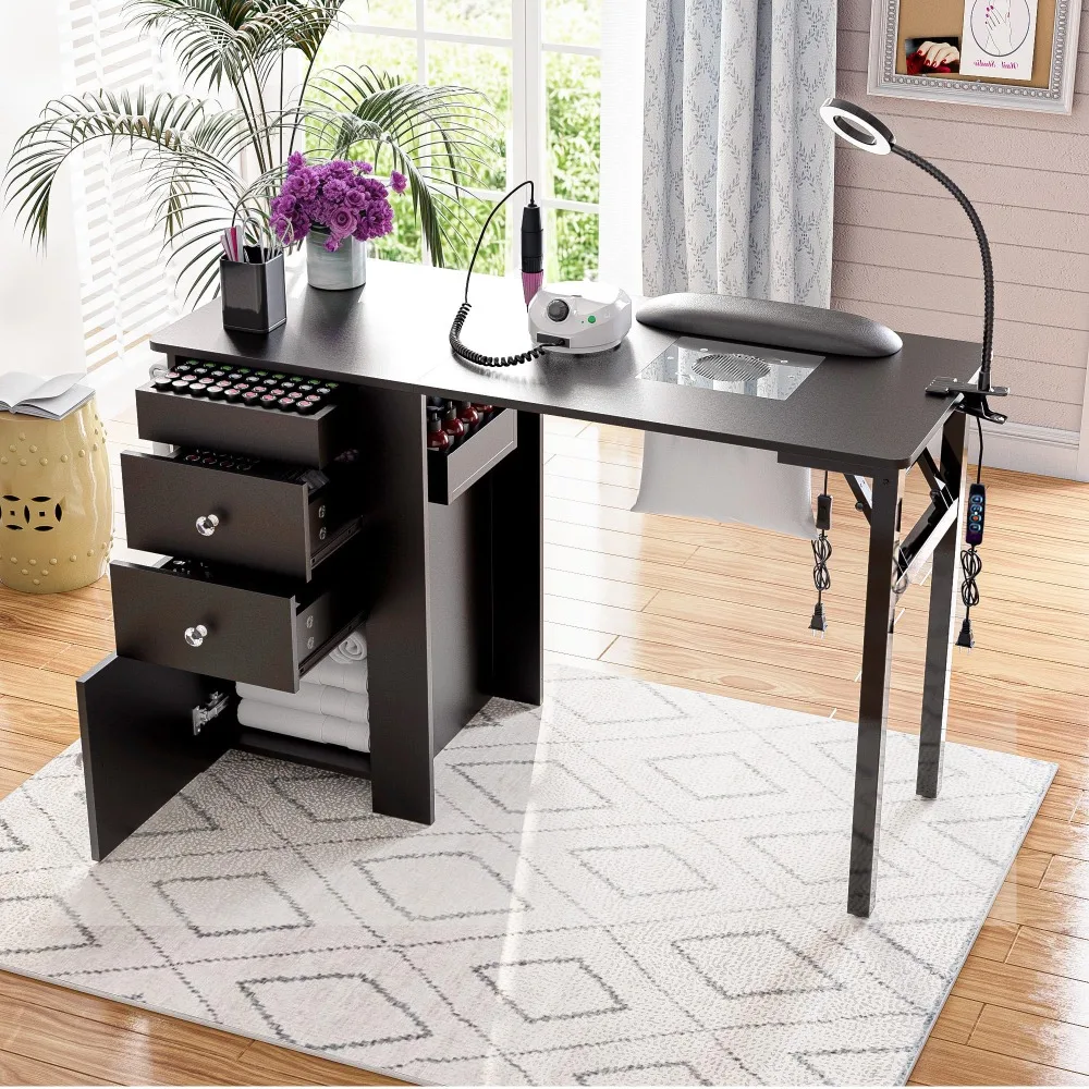 Foldable Nail Table with Dust Collector, Manicure Desk for Nail Tech,with LED Lamp, Wrist Rest, Rolling Nail Table for