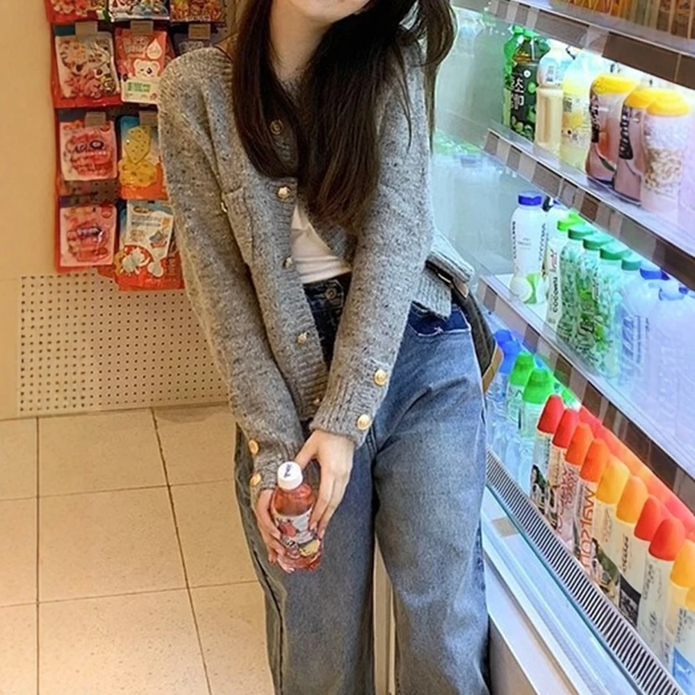 여성용 긴 소매 가디건 버튼 장식이 있는 일반 오픈 프론트 라운드 넥 캐주얼 스웨터 가을 겨울 달콤한 데이트용