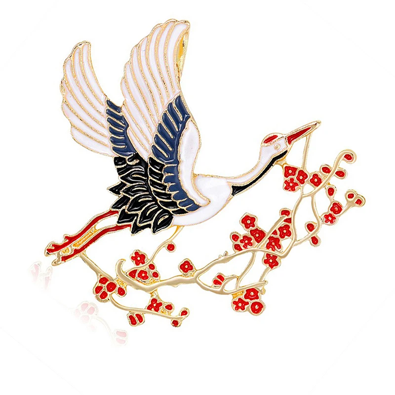 Hot Sale Enamel Flower Crane Brooches For Women Unisex Bird Animal Party Brooch Pins Gift