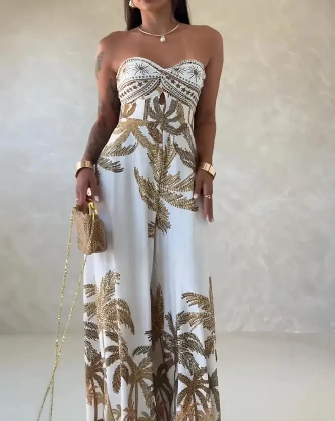Women's Jumpsuit Summer New Elegant and Sexy Style Coconut Tree Print Hollow Design High Waisted Women's Strapless Jumpsuit