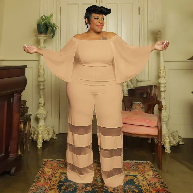 

GUWU Mesh Patchwork Clock Sleeve Slash Neck High Waist Straight Jumpsuit Street Fashion Elegant Plus Size Women Playsuit