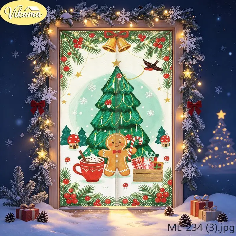 VIKAMA Cute Gingerbread Christmas Tree Half-Door Curtain, Merry Christmas Festive Fabric Privacy Divider, Entryway Home Decor