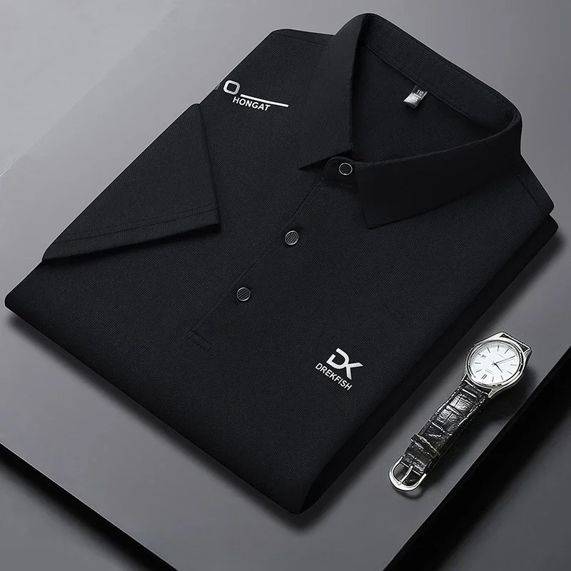 New Men\'s Business Casual Short Sleeved Shirt with Badge Solid Color Polo Shirt Fashionable Breathable Comfortable Versatile Top