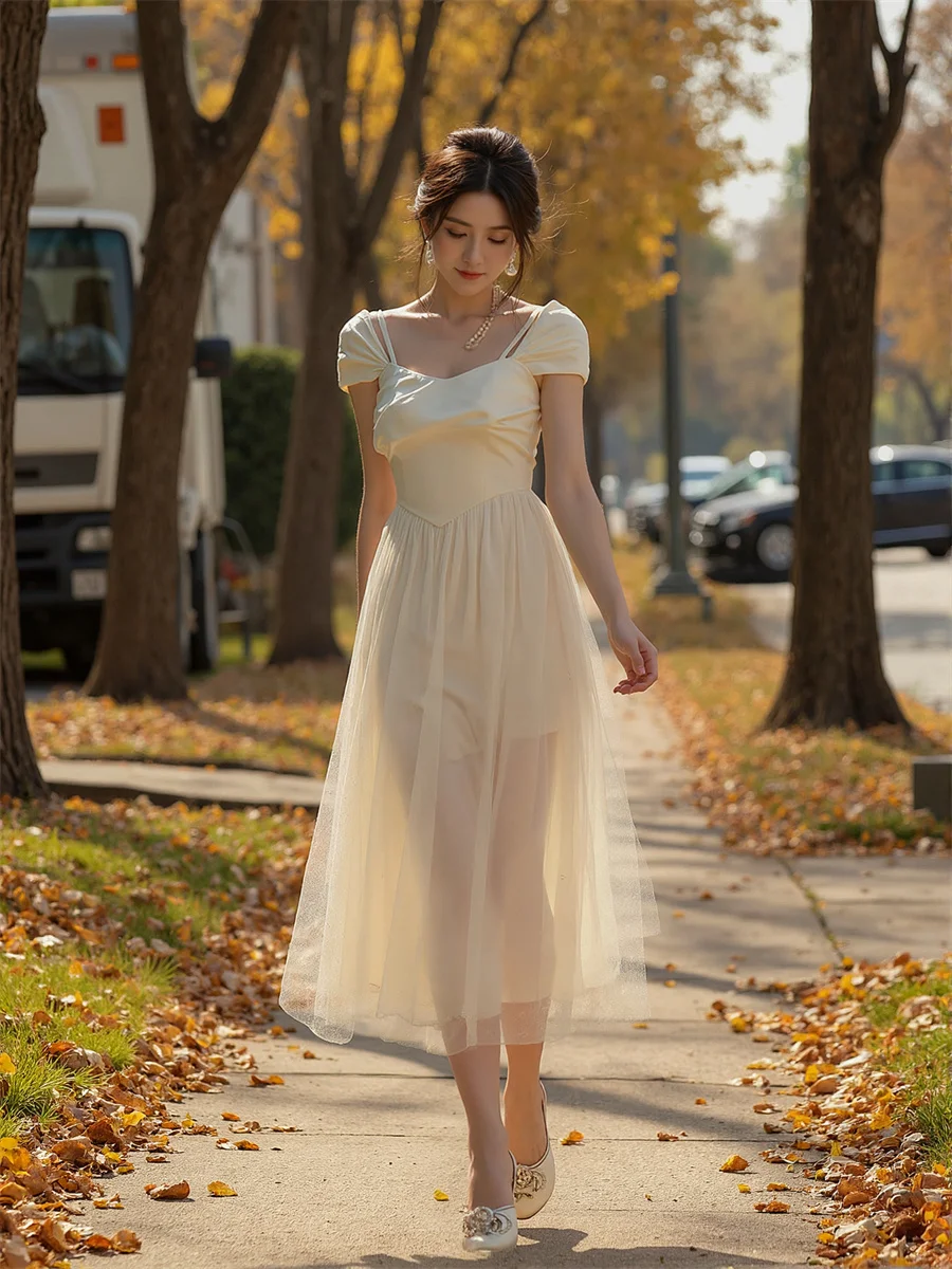 Abiti Midi Stile Francese Puro a Maniche Corte, Abbigliamento Femminile Primaverile con Strass, Abito da Cocktail Sciolto e Chic