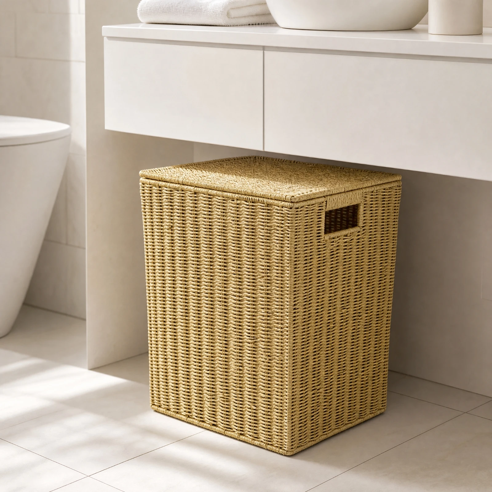 Rectangular Plastic Laundry Hamper with Side Handles Wicker Lidded Laundry Basket Household Organizer Bin Sturdy for Bedroom