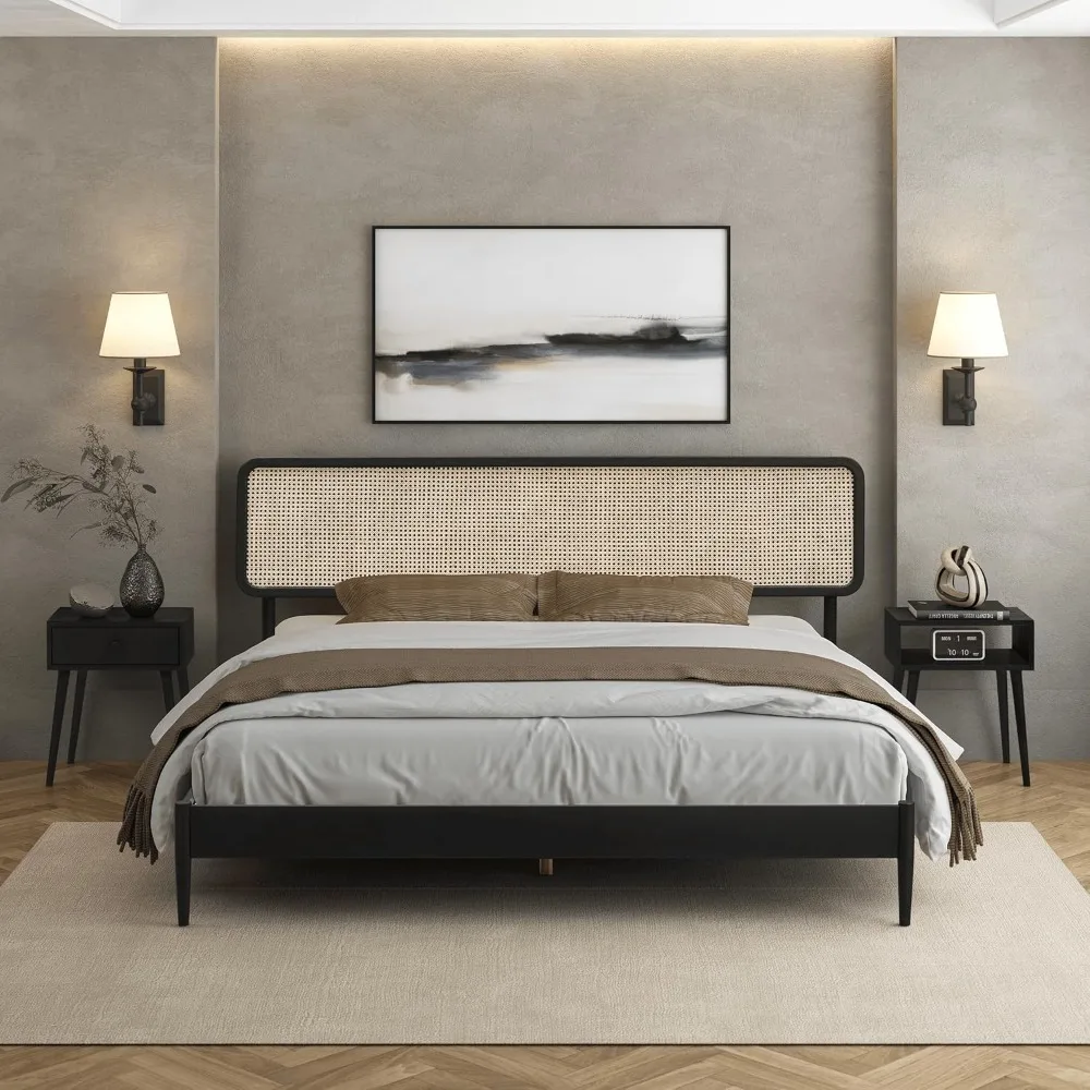 

Wooden Bed Frame with Headboard and Natural Rattan, Solid Oak Foundation with Silent Slats, 1000 Lb Capacity
