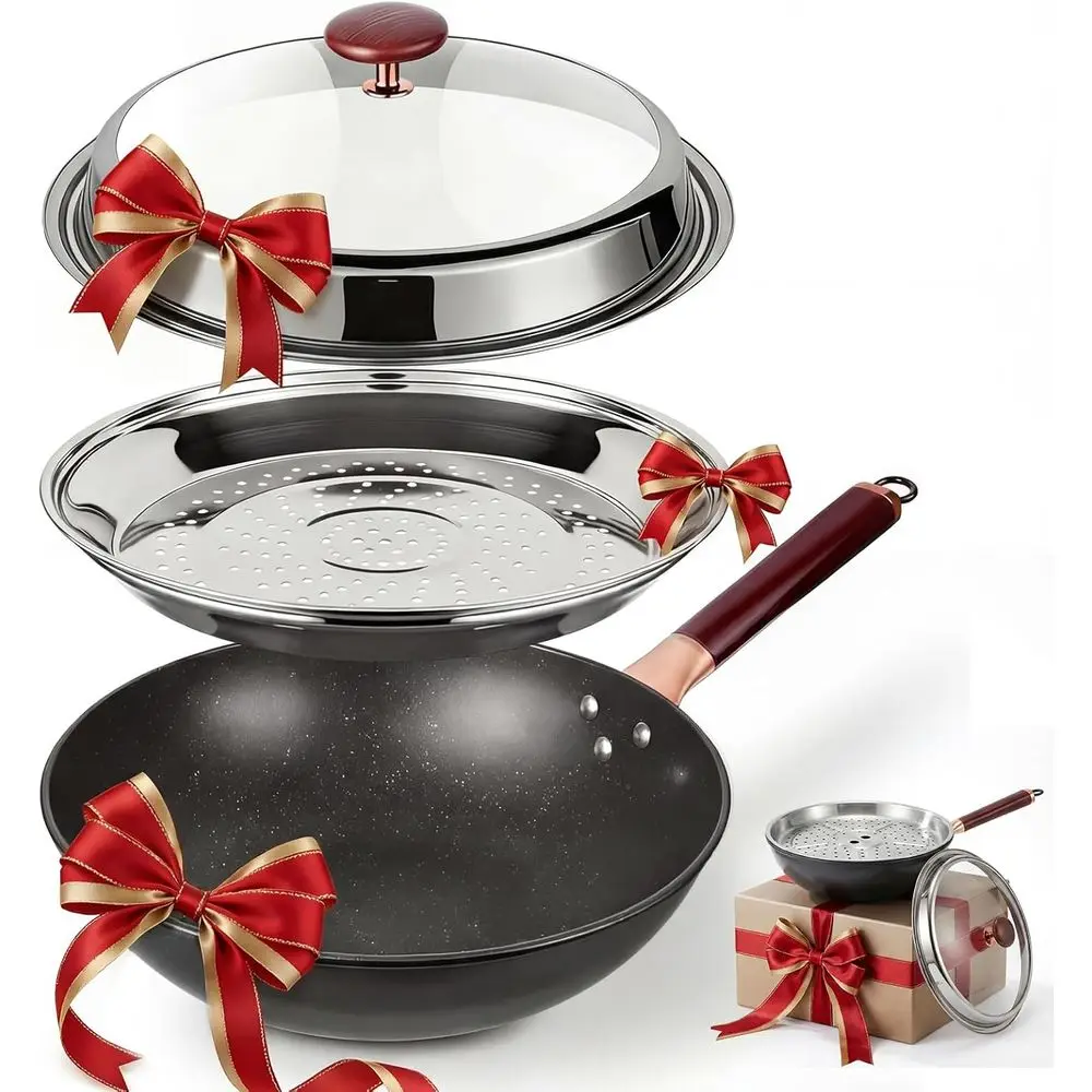 

13.07-Inch Carbon Steel Wok Pan with Lid: Nonstick Stir-Fry Pans with Steamer for Cooking Pan Set, Large Deep Chinese Frying Sau