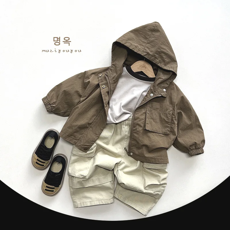 Spring Autumn Children Jackets 1-8Y Boys Cotton Hooded Zipper Daily Coats Windbreaker Korean Toddler Outerwear Kids Clothing New