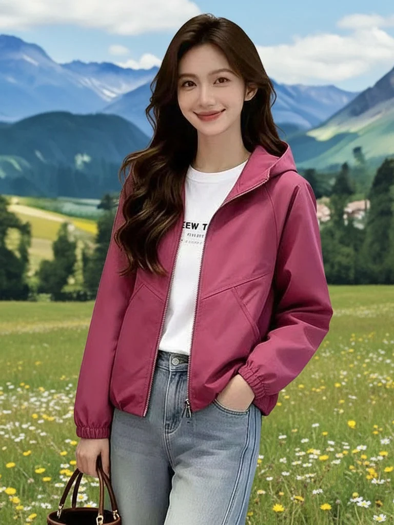 

Casual Loose Windproof Short Jacket Spring Autumn Unisex Polyester Fiber Zipper Closure Hat Integrated Coat Versatile Leisure...