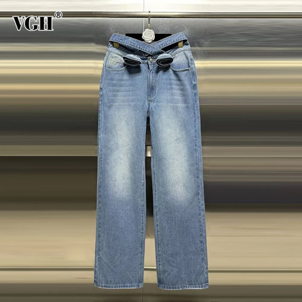 

VGH Solid Patchwork Appliques Denim Trousers For Women High Waist Spliced Pockets Hollow Out Streetwear Straight Jeans Female