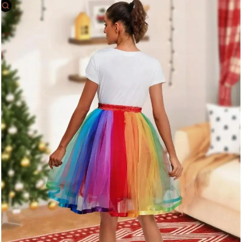 

Тюлевые радужные юбки-пачки с эластичной резинкой на талии, сетчатые юбки, нижняя юбка длиной до колена для рождественской карнавальной вечеринки CPA3266