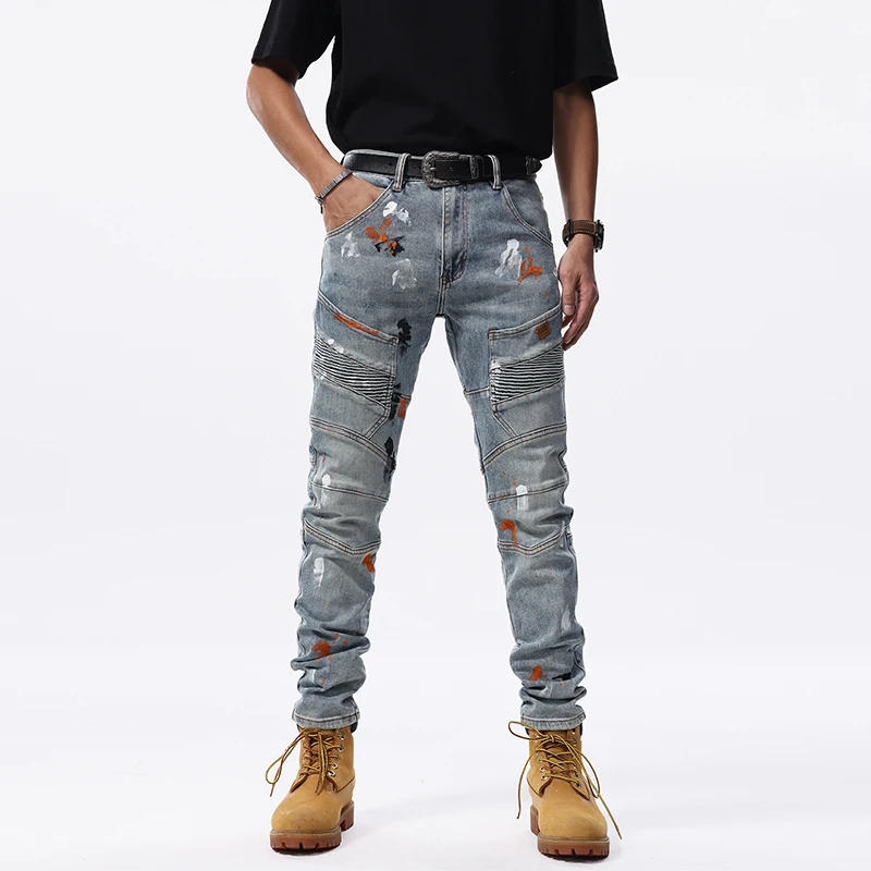 

High Street American Retro Motorcycle Spray-paint Stretch Jeans for Men Trendy Patchwork Youth Y2K Slim Fit Pencil Hip Hop Pants