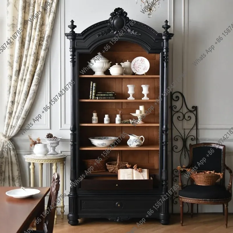 American solid wood bookcase Black Knight style carved display cabinet French retro style dining side cabinet can be customized