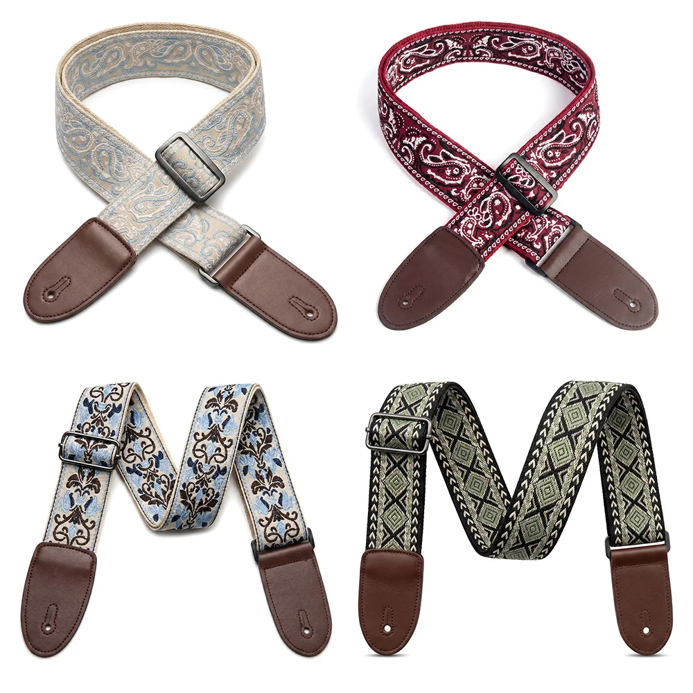 Guitar Strap Embroidered Belt Adjustable Guitars Straps Leather End For Bass Acoustic Electric Guitar Ukulele Instruments