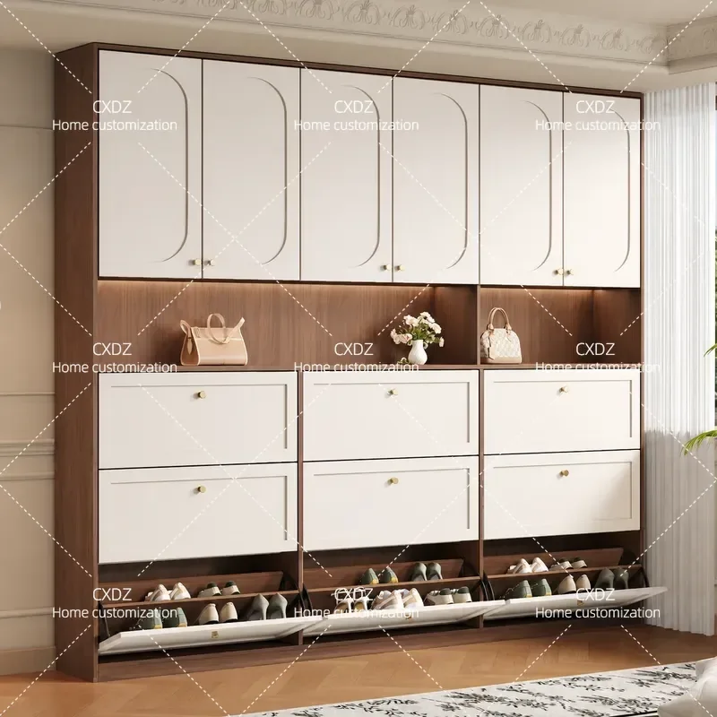 Oak Solid Wood Custom Shoe Cabinet Household Door Entry Narrow Walnut White Ultra Thin Tipping Bucket Storage 12