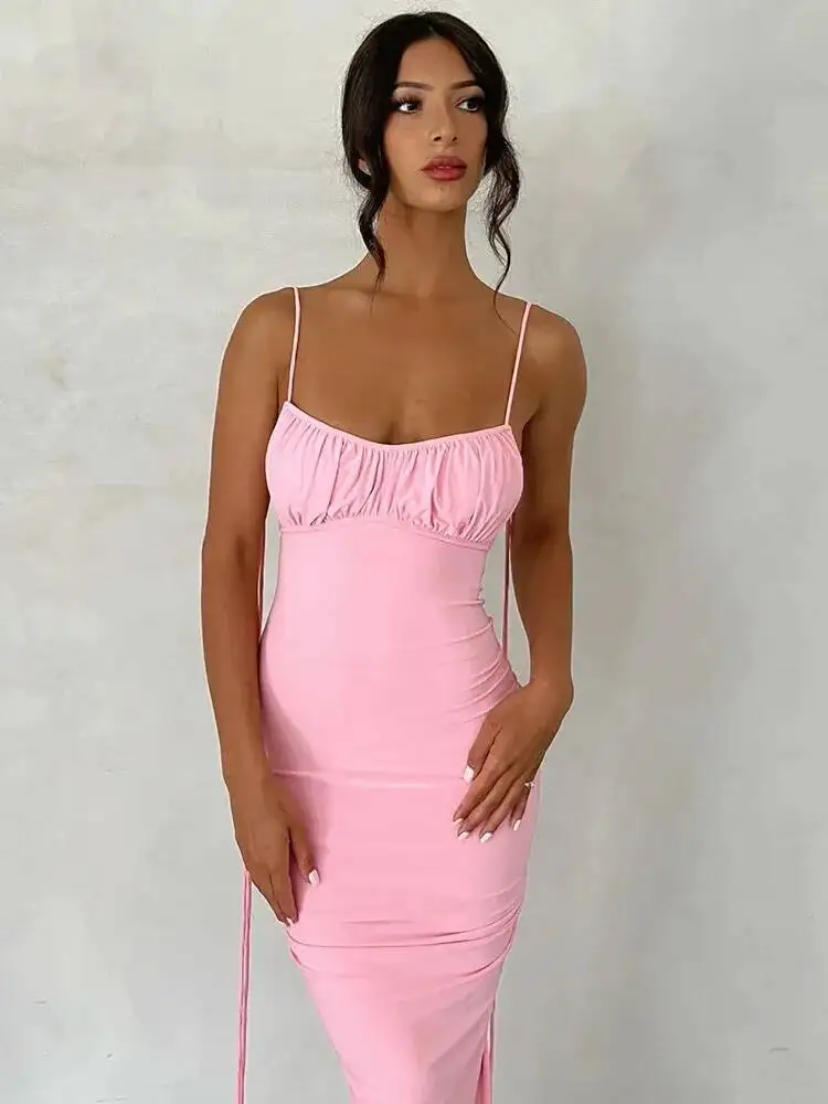 حزام مثير عارية الذراعين فستان ماكسي ملابس النساء أنيقة عيد ميلاد فيستدو الصيف نادي الحفلات Ruched فساتين الوردي بلوزات على الموضة