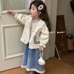 Korean Beige Children's Clothes Baby Girl Top Jacket Spring Autumn Outerwear New Cotton Blouse Sweet Floral Plaid Pocket Shirts