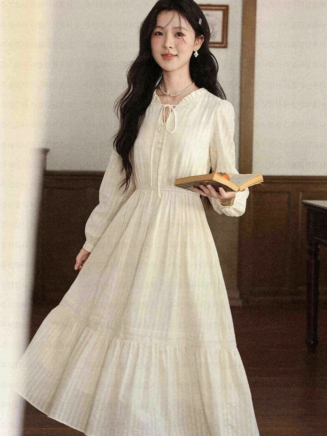 Women's Autumn Inner Dress Chiffon Pleated A-Line Midi Long Sleeve Round Neck French Office Wear Layered Fairy Style