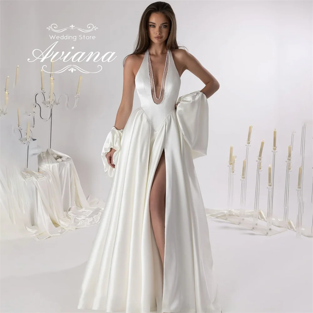 Aviana Customized Halter Neck Deep V Backless High Slit Satin Bridal Dress Long Sleeves Bodycon Evening Party Gown Elegant Chic