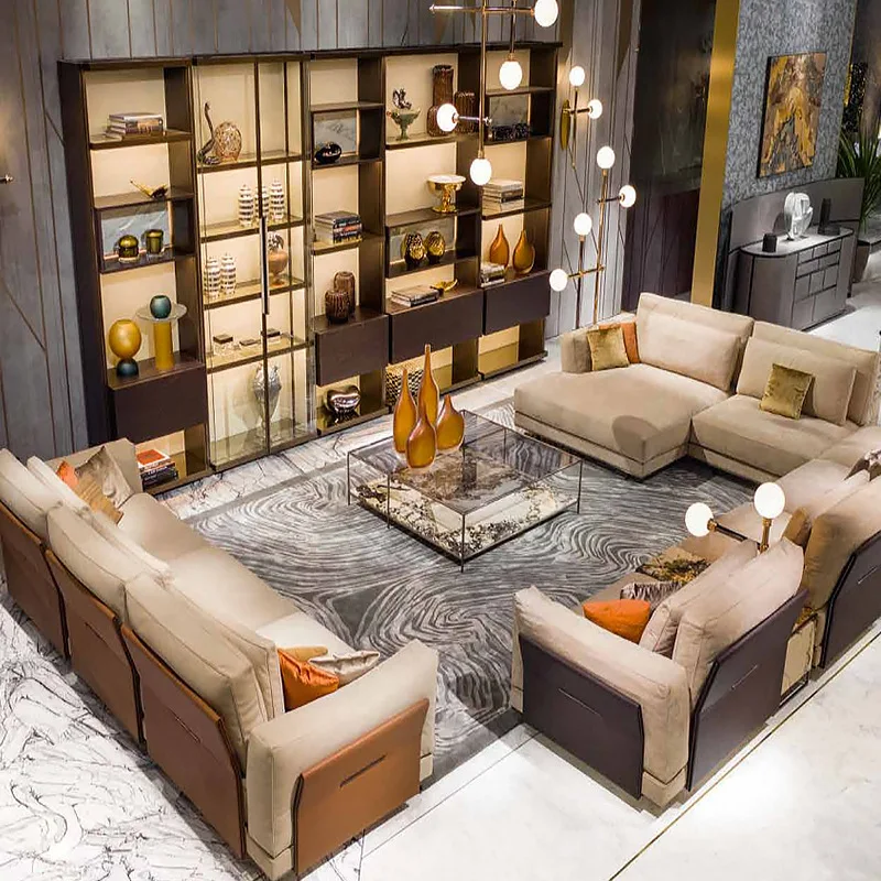 Cowhide sofa, leather combination villa large Italian leather sofa