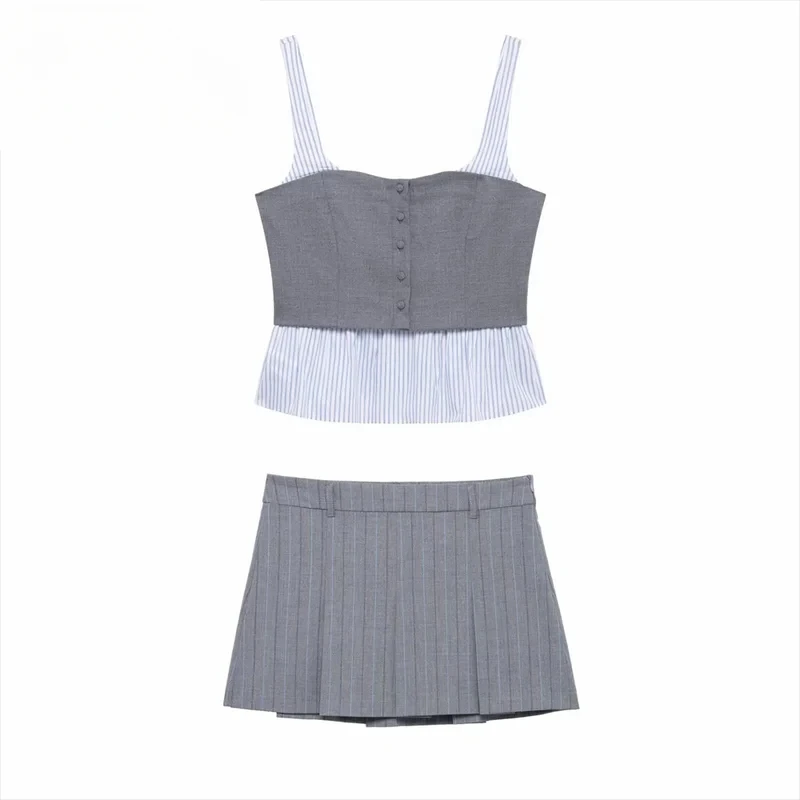 2025 Spring New Women's Poplin Stripe Stitching Round Neck Strap Top Pinstripe Temperament Fashion Mid-Waist Mini Skirt