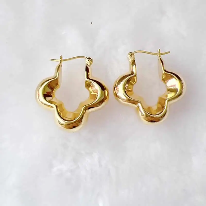 Pure 18K Yellow Gold Earrings Women AU750 Gold Flower Hoop Earrings