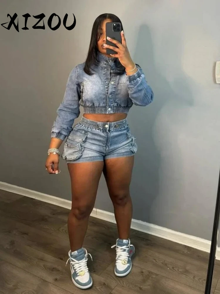 

XIZOU Denim Women's Set Long Sleeve Crop Jean Jacket +Shorts Jeans Suit Street Cargo Tracksuit Two Piece Set Fitness Outfits