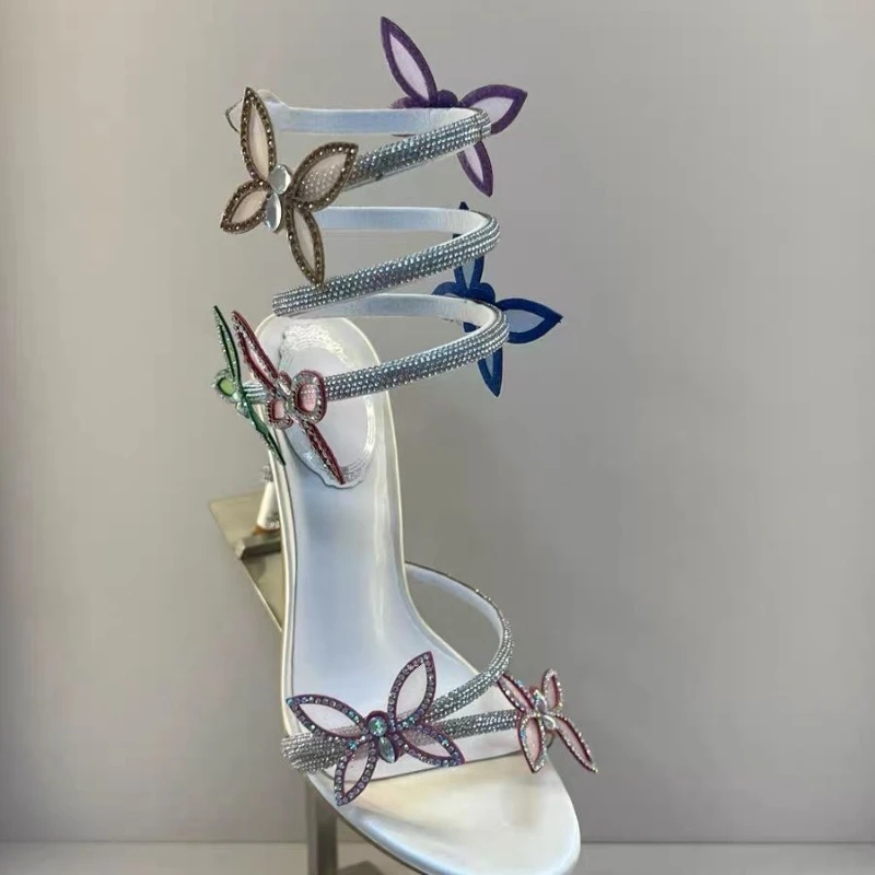 Sandales gladiateur ornées de papillons pour femmes, talons hauts, sangle enroulée, cristal, chaussures de Rh, sexy, luxe, fête, été