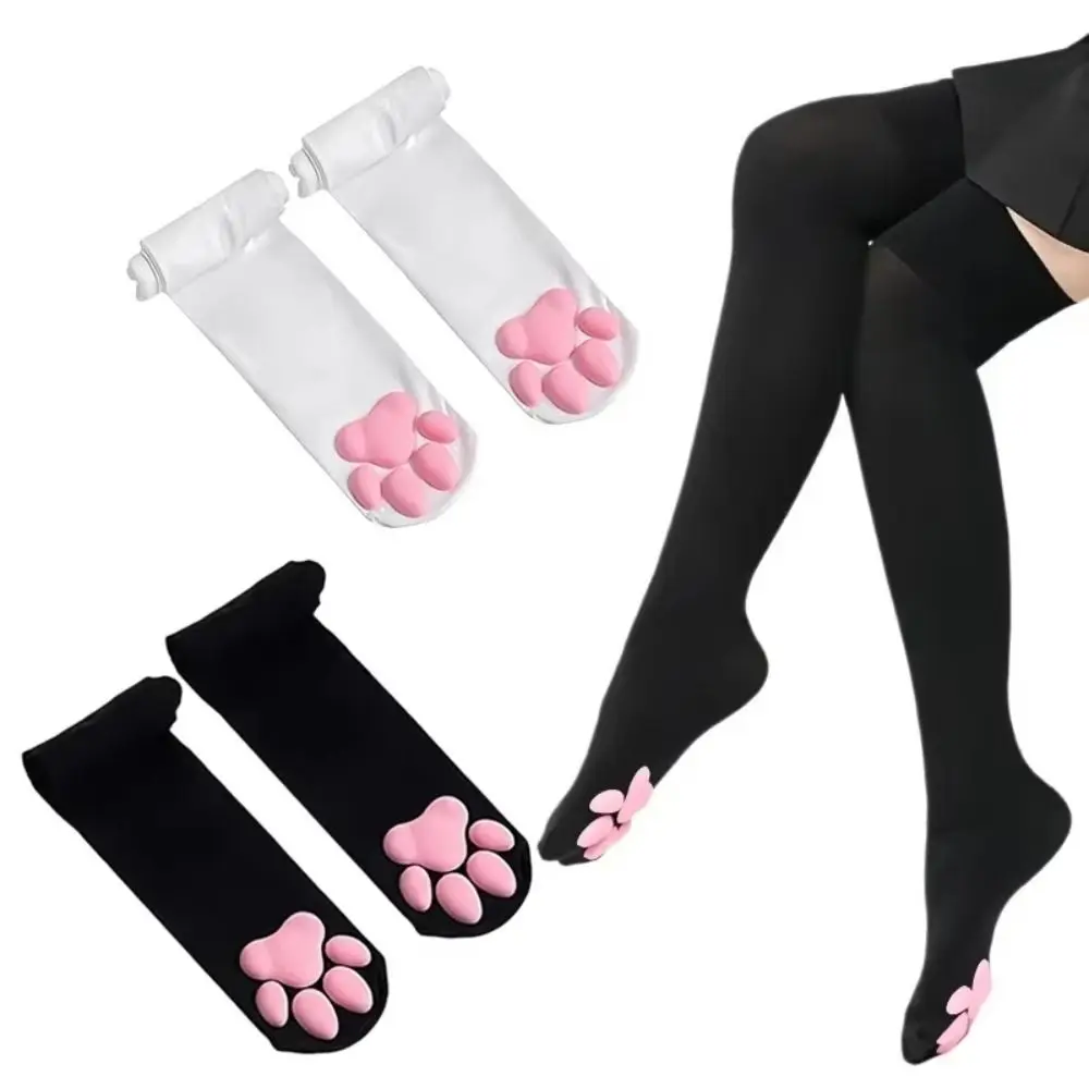 Cute 1 Pair Semi Sheer Cat Paw Stockings Cat Paw Pattern Harajuku Style Over Knee Socks Stretchy Fabric Soft Paw Pads