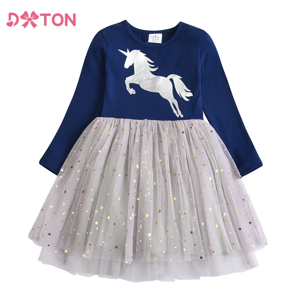 

DXTON Children Daily Dresses Unicorn Kids Dresses For Girls Spring Long Sleeve Princess Tulle Dress Girls Casual Clothing 3-7Yrs