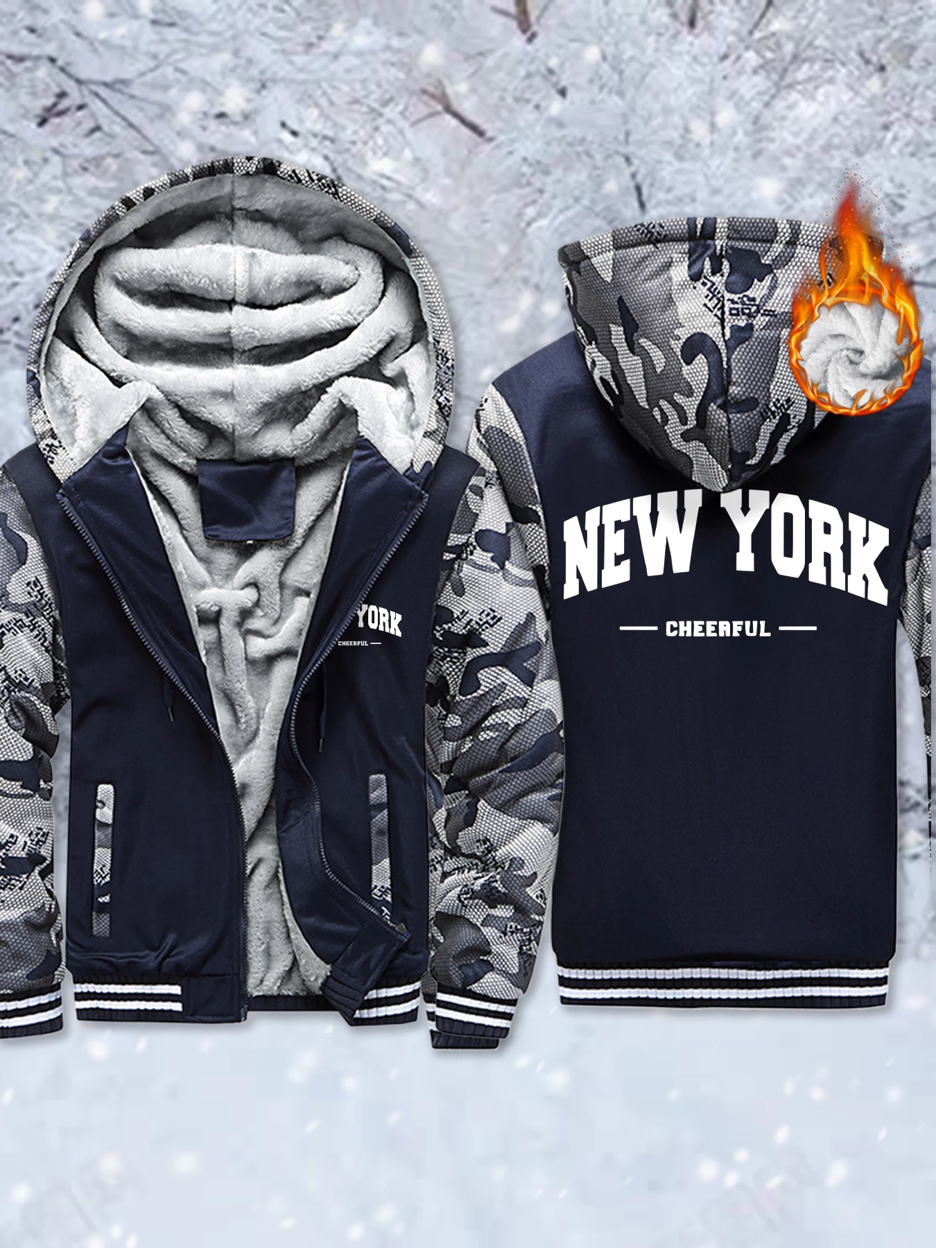 

New York Cheerful Prints Winter Man Coat Soft Warm Hoodie High Quality Outdoor Zipper Jackets Oversize Fleece Streetwear