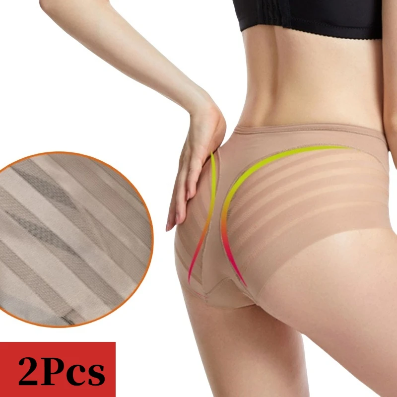 2Pcs/Set Ice Silk Panties Women High Rise Briefs Tummy Control Shapewear Pants Female Sexy Lingerie Slimming Underwear M-3XL