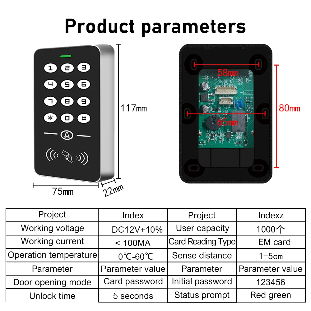 125KHz Standalone Access Control Keypad RFID Keyboard System Waterproof Cover Outdoor Controller EM Card Reader 10pcs Keyfobs