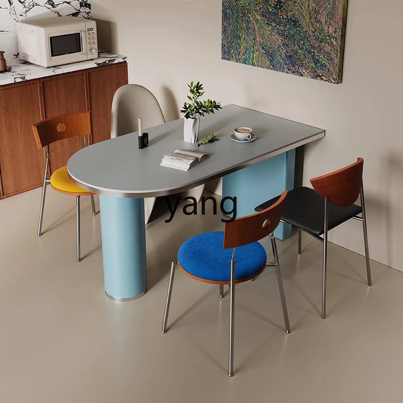 

TGF rock slab dining table household small apartment living room modern cream wind solid wood oval dining table